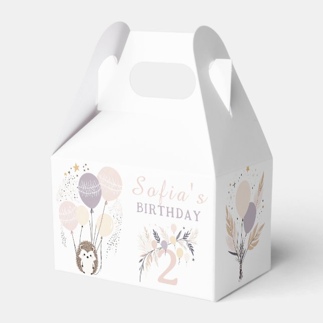 Pastel Boho Hedgehog and Balloons Birthday Favor Boxes (Front Side)