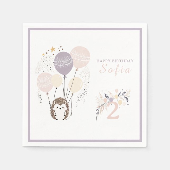 Pastel Boho Hedgehog and Balloons Birthday Napkins (Front)