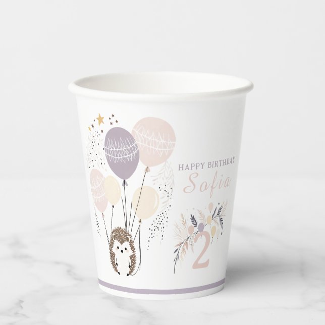Pastel Boho Hedgehog and Balloons Birthday Paper Cups (Front)