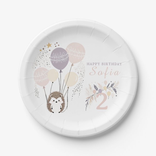 Pastel Boho Hedgehog and Balloons Birthday Paper Plates (Front)