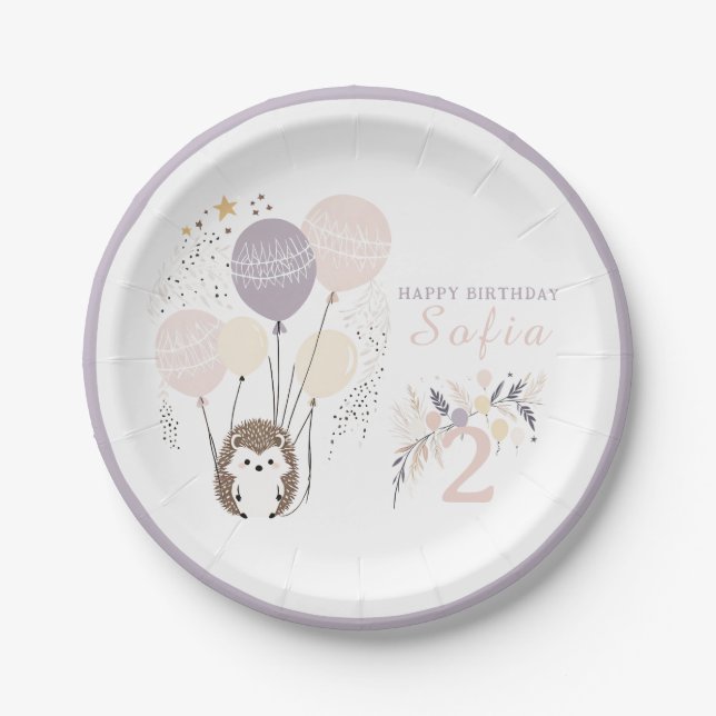 Pastel Boho Hedgehog and Balloons Birthday Paper Plates (Front)