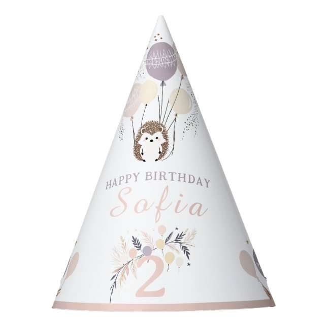 Pastel Boho Hedgehog and Balloons Birthday Party Hat (Front)
