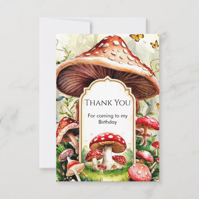 Pastel Boho Mushroom Birthday Thank You Card (Front)