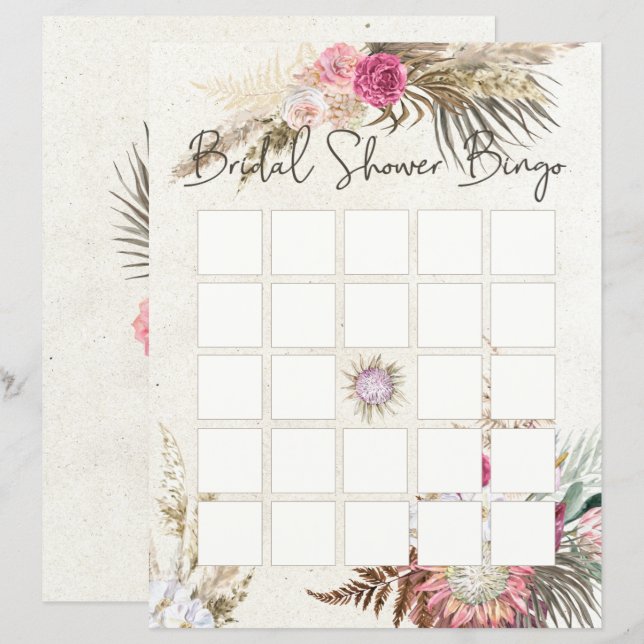 Pastel Boho Neutral Floral Bridal Shower Bingo (Front/Back)