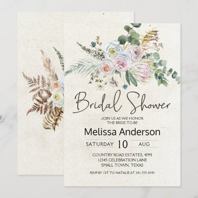 Pastel Boho Neutral Floral Elegant Bridal Shower (Front/Back)