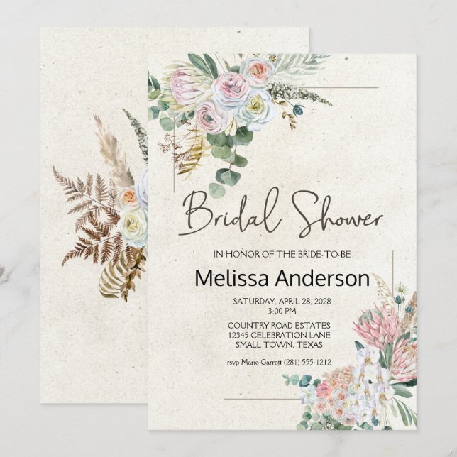 Pastel Boho Neutral Floral Elegant Bridal Shower  (Front/Back)