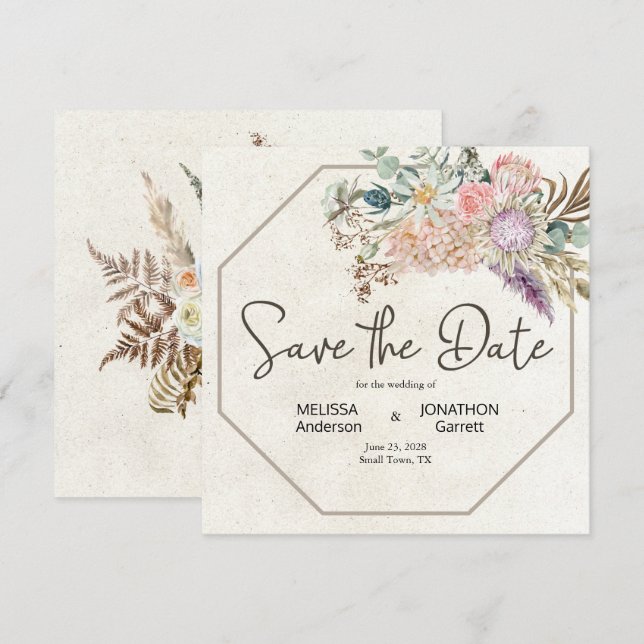 Pastel Boho Neutral Floral Elegant Save The Date (Front/Back)
