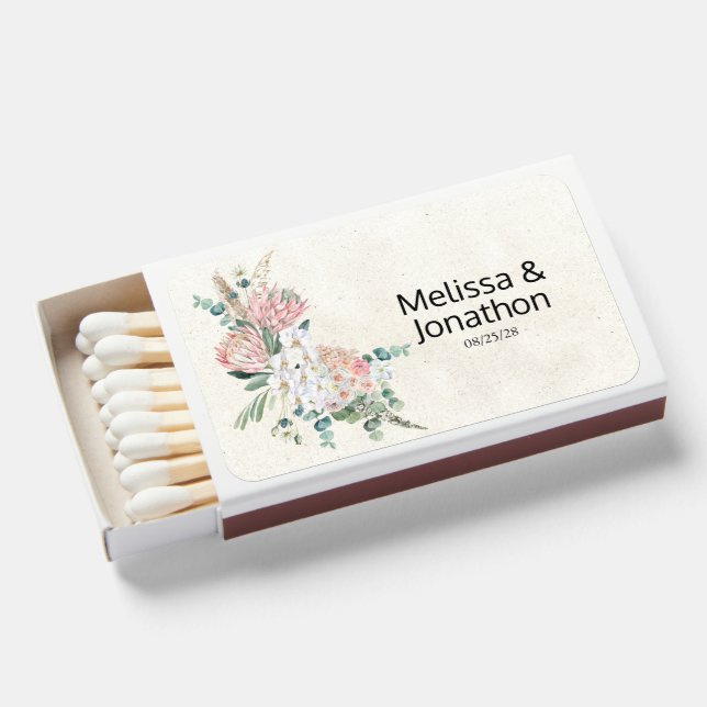 Pastel Boho Neutral Floral Wedding Matchboxes (Front Open)