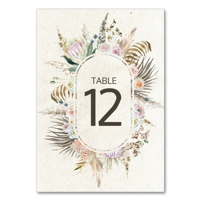 Pastel Boho Neutral Floral Wedding Table Number (Front)