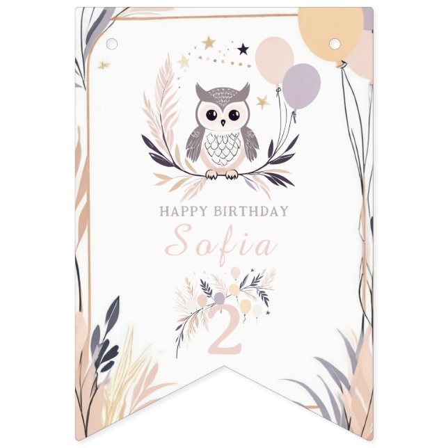 Pastel Boho Owl and Balloons Birthday Bunting Flags (First Flag)