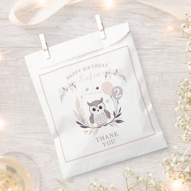 Pastel Boho Owl and Balloons Birthday Favor Bag (Clipped)
