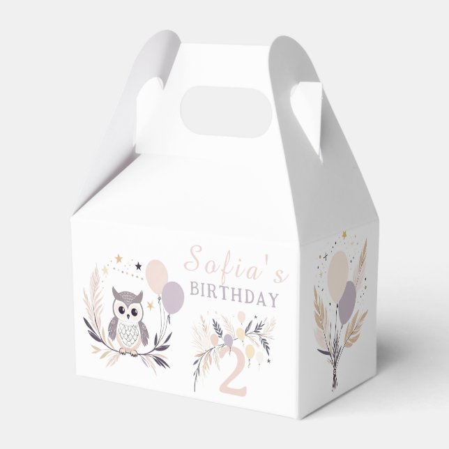 Pastel Boho Owl and Balloons Birthday Favor Boxes (Front Side)