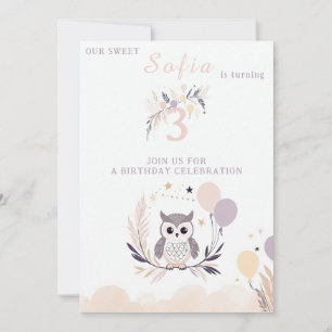 Pastel Boho Owl and Balloons Birthday Invitation