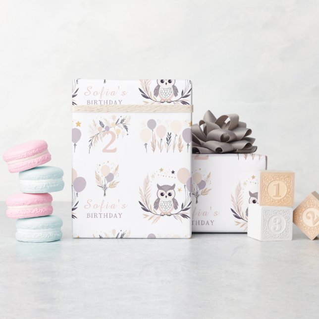 Pastel Boho Owl and Balloons Birthday Wrapping Paper (Baby Shower)