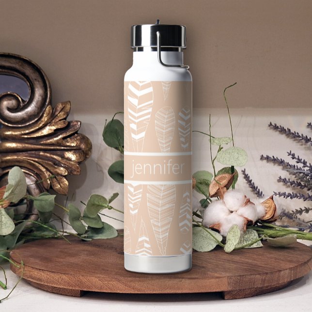 Pastel Boho Peach White Feathers Add Name Water Bottle (Creator Uploaded)