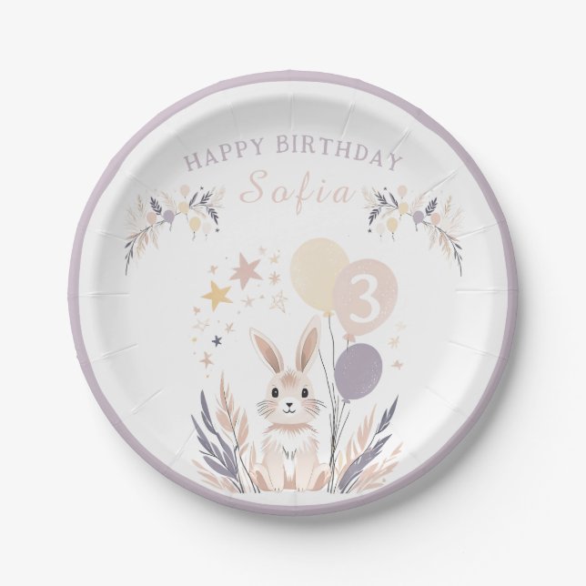 Pastel Boho Rabbit and Balloons Birthday  Paper Plates (Front)