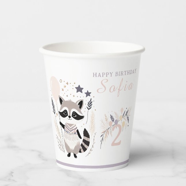 Pastel Boho Raccoon and Balloons Birthday Paper Cups (Front)