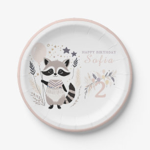 Pastel Boho Raccoon and Balloons Birthday Paper Plates