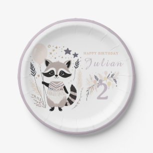 Pastel Boho Raccoon and Balloons Birthday Paper Plates