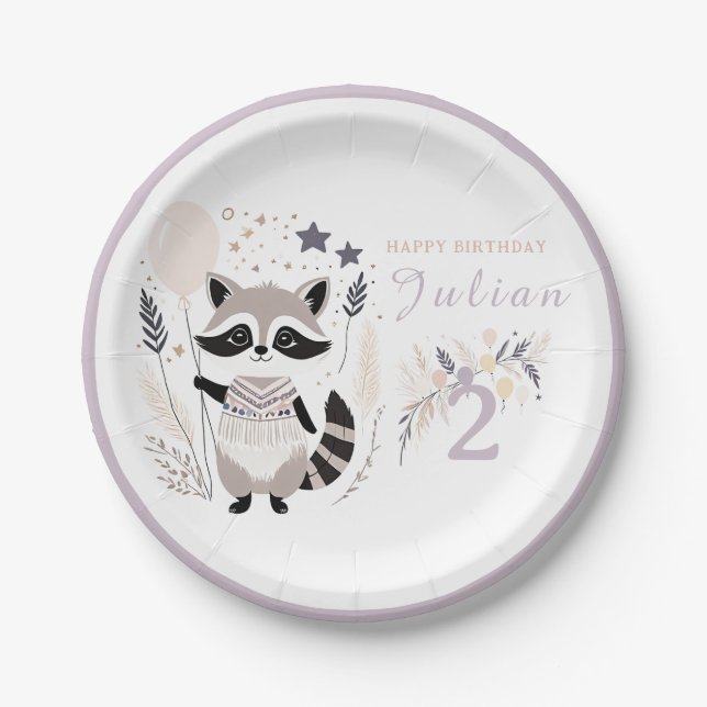 Pastel Boho Raccoon and Balloons Birthday Paper Plates (Front)