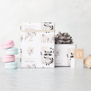 Pastel Boho Raccoon and Balloons Birthday Wrapping Paper