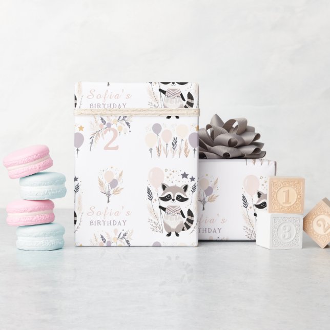 Pastel Boho Raccoon and Balloons Birthday Wrapping Paper (Baby Shower)