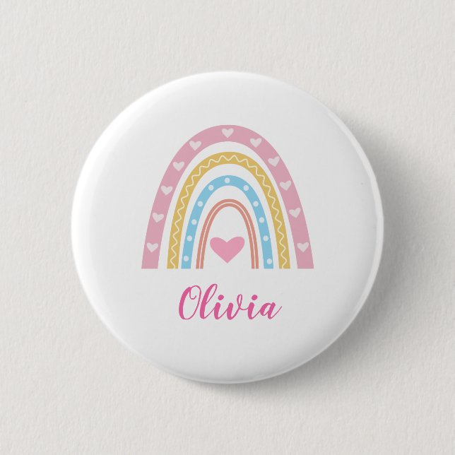 Pastel boho rainbow and hearts custom name  button (Front)