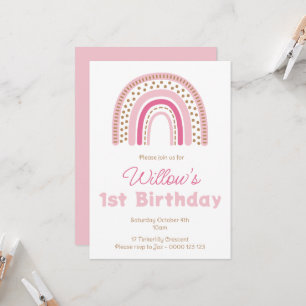 Pastel Boho Rainbow Minimalist Girl 1st Birthday Invitation