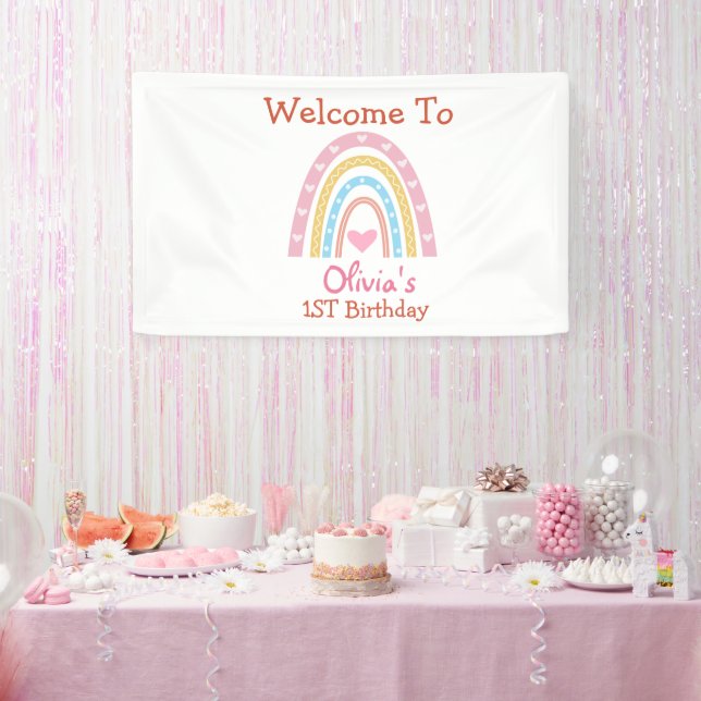 Pastel Boho Rainbow With Hearts birthday Welcome  Banner (Party)