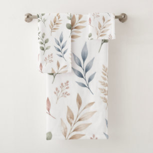 Pastel Boho Watercolor Botanical Foliage Bath Towel Set