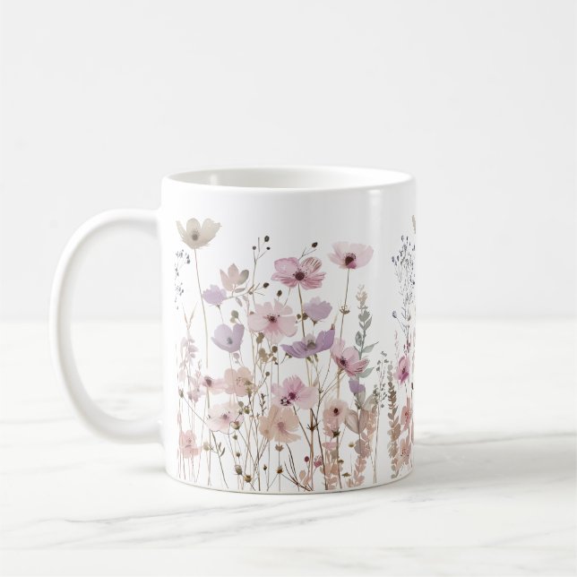 Pastel Boho Wild Flowers Floral Watercolor Coffee Mug (Left)