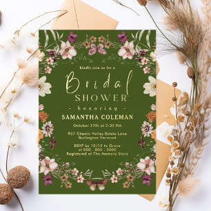 Pastel Boho Wildflower Moss Green Bridal Shower Foil Invitation