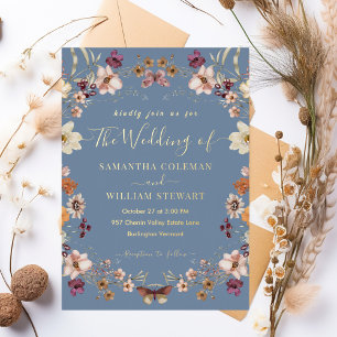 Pastel Boho Wildflower Rustic Periwinkle Wedding Foil Invitation