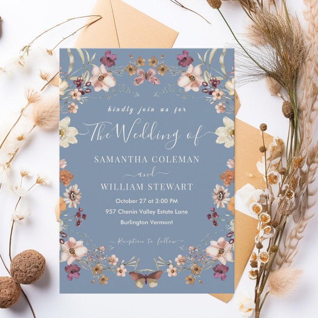Pastel Boho Wildflower Rustic Periwinkle Wedding Invitation (Creator Uploaded)