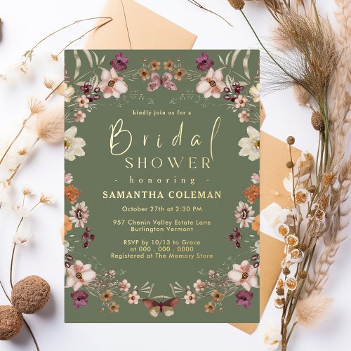 Pastel Boho Wildflower Sage Green Bridal Shower Foil Invitation