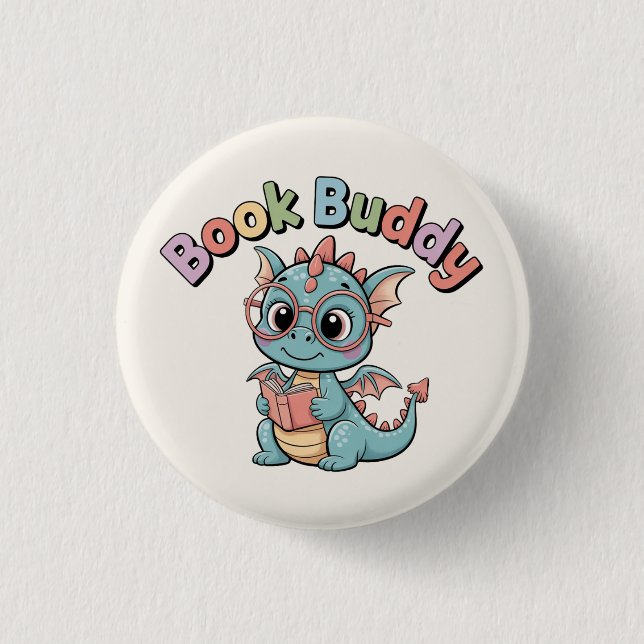 Pastel Book Buddy Reading Dragon Magnet Button (Front)