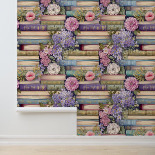Pastel Books and Flowers Pattern Removable Wallpaper