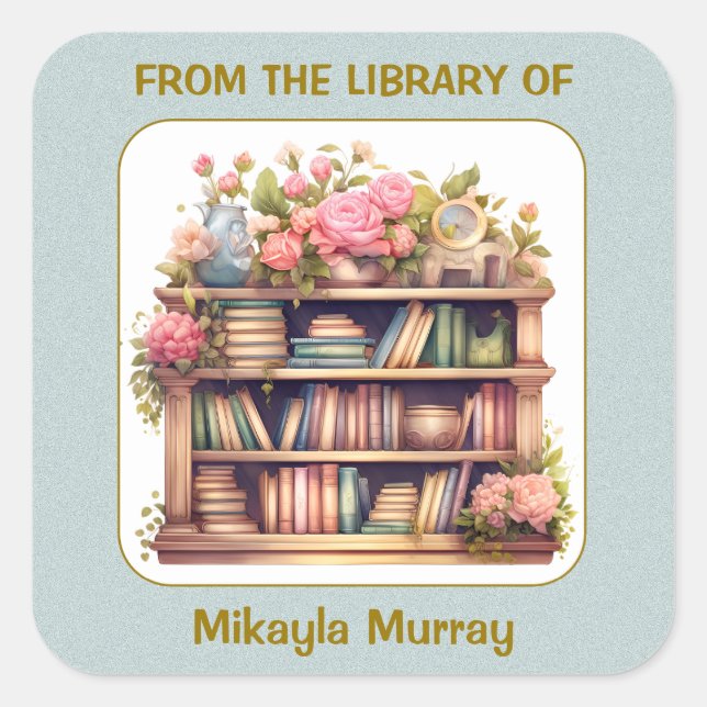 Pastel Books, Pink Flowers, Shelf Bookplate (Front)