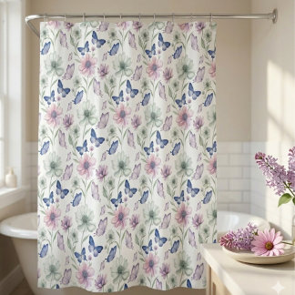 Pastel Botanical Floral Butterfly  Shower Curtain