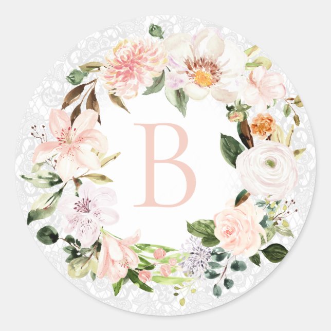 Pastel Botanical Floral Lace Wreath Monogram Classic Round Sticker (Front)