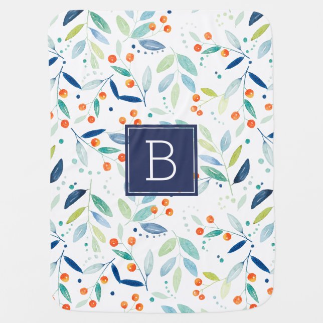 pastel Botanical Leafs Pattern Monogram Baby Blanket (Front)