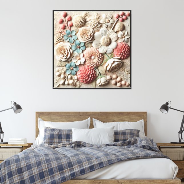 Pastel Botanical Relief Floral Wall Art  (Insitu(Bedroom))