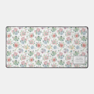 Pastel Botanical Watercolor Succulents Pattern Desk Mat