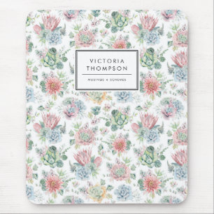 Pastel Botanical Watercolor Succulents Pattern Mouse Pad