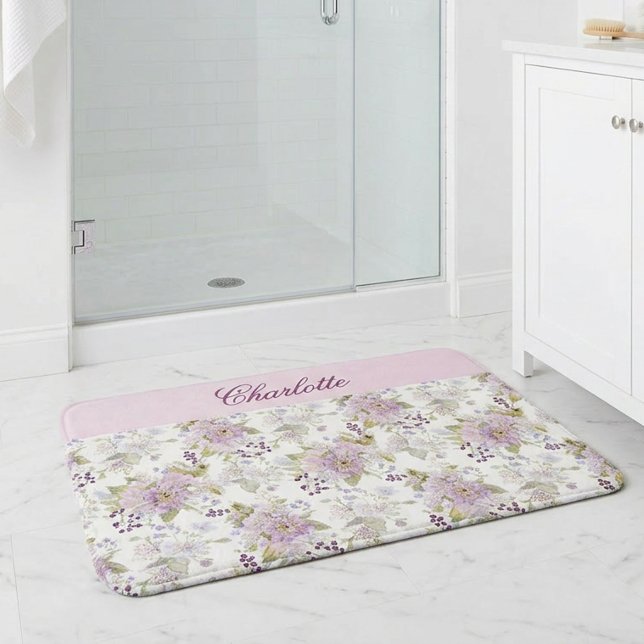 Pastel Botanical Wildflower Custom Monogram Bath Mat (Pink Purple Watercolor Wildflowers Monogram Bath Mat)