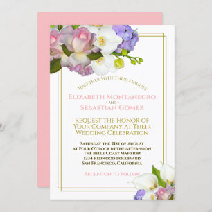 Pastel Bouquet Spring Floral Gold and Pink Wedding Invitation