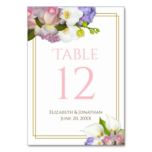 Pastel Bouquet Spring Floral Gold and Pink Wedding Table Number