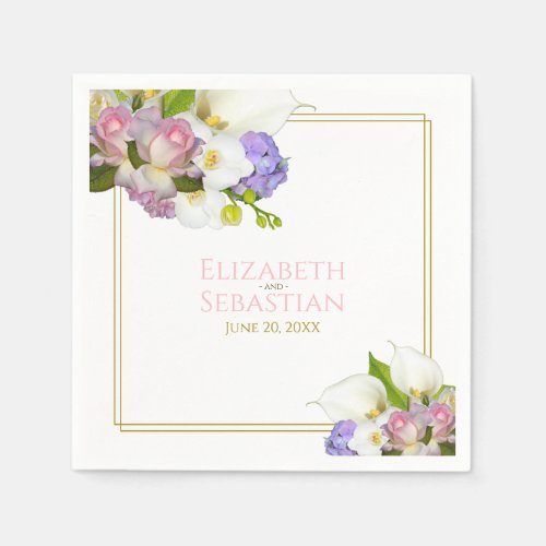 Pastel Bouquet Spring Floral Pink  Gold Wedding Napkins