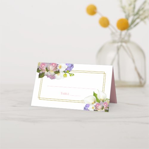 Pastel Bouquet Spring Floral Pink  Gold Wedding Place Card