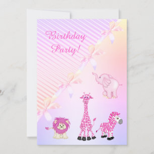 PASTEL BOW ZOO ANIMALS BIRTHDAY PARTY INVITATION